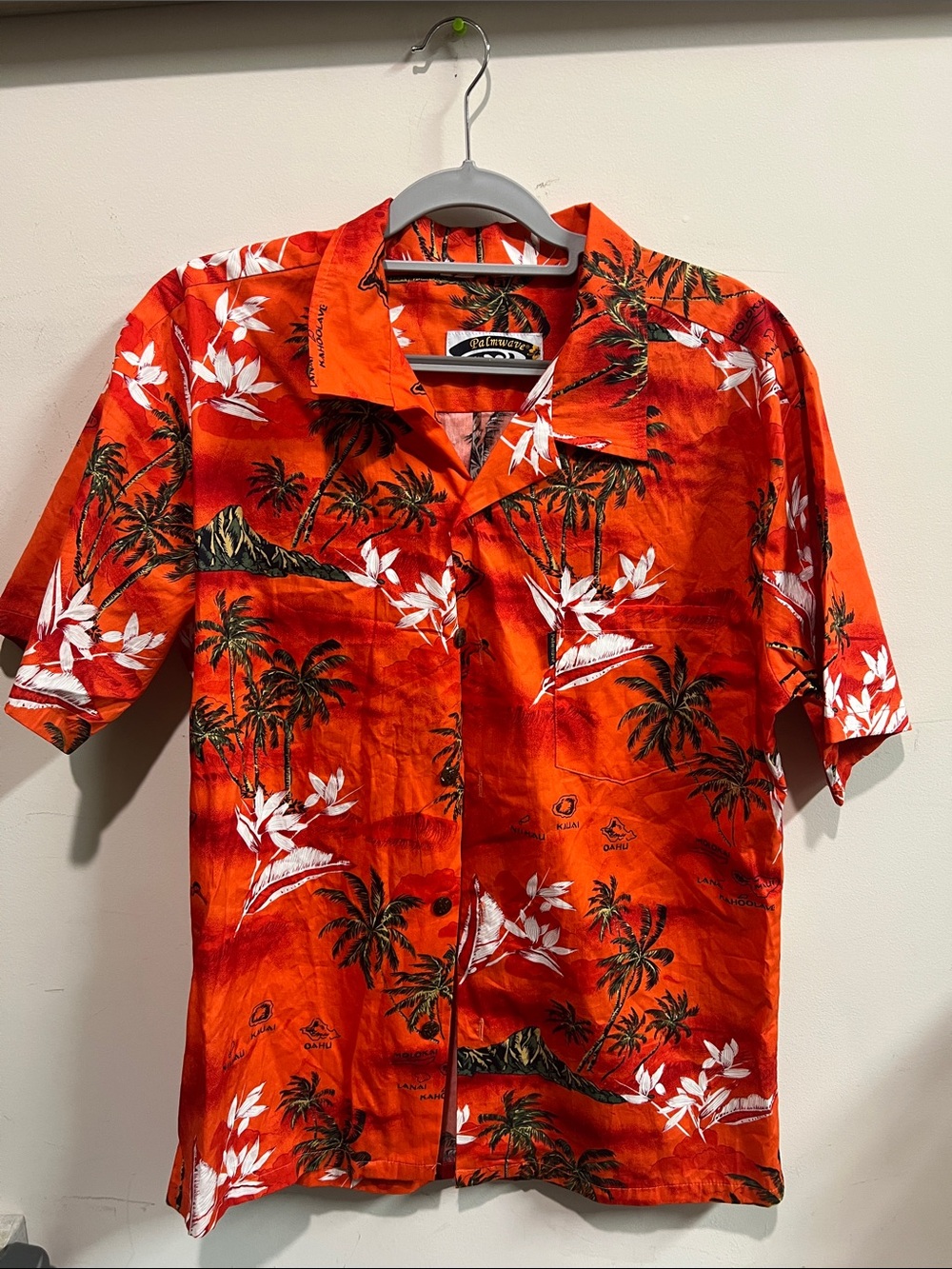 Men's Orange Hawaiian Tropical Print Button-Down Camp Shirt